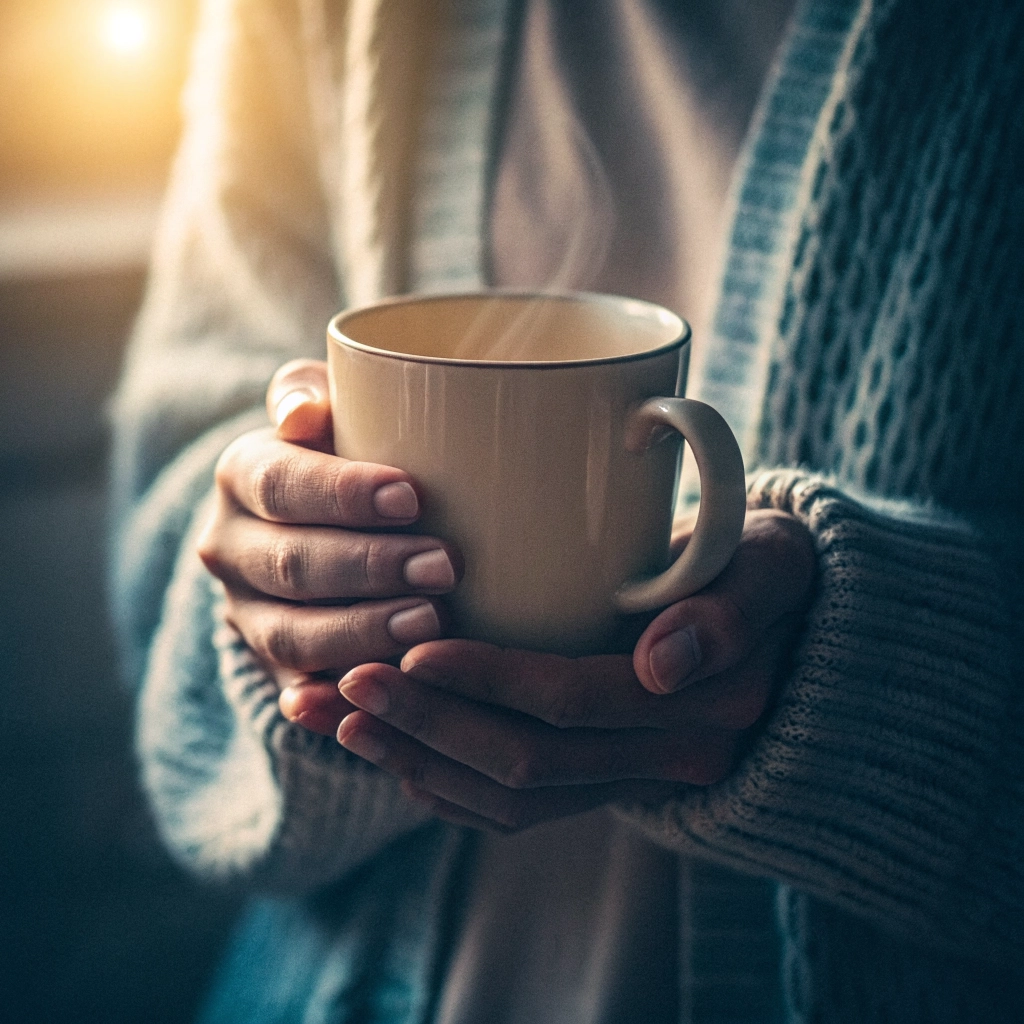 A close-up of a person's hands holding a warm cup of tea, symbolizing comfort and self-care.